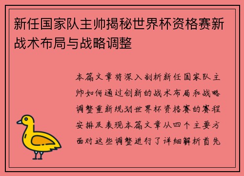 新任国家队主帅揭秘世界杯资格赛新战术布局与战略调整