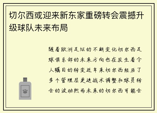 切尔西或迎来新东家重磅转会震撼升级球队未来布局